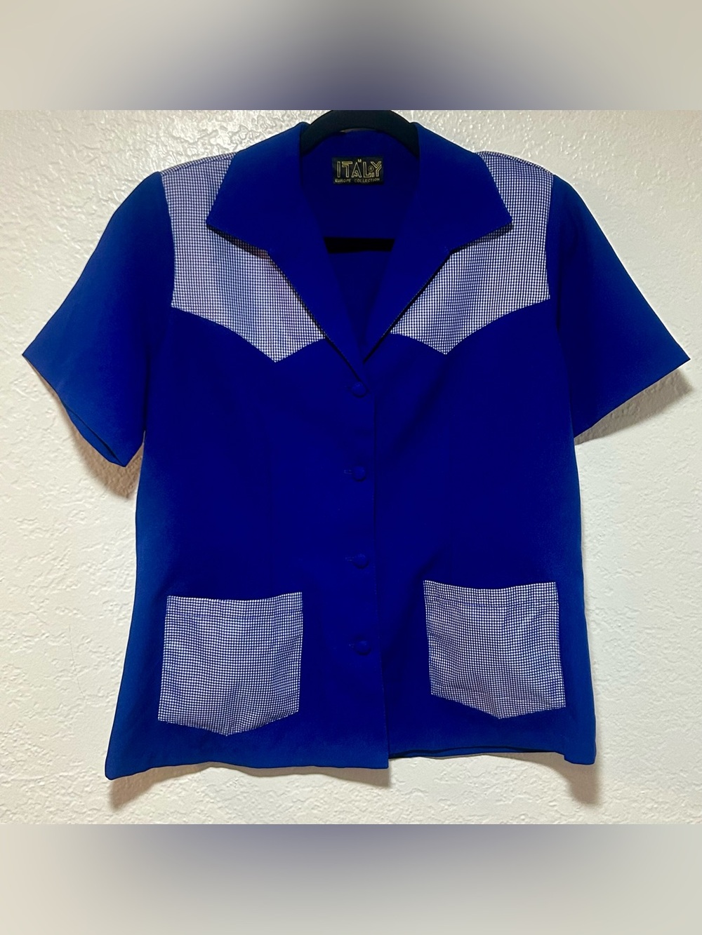 Royal Blue Short-Sleeve Button Top with Gingham Trim and Pockets